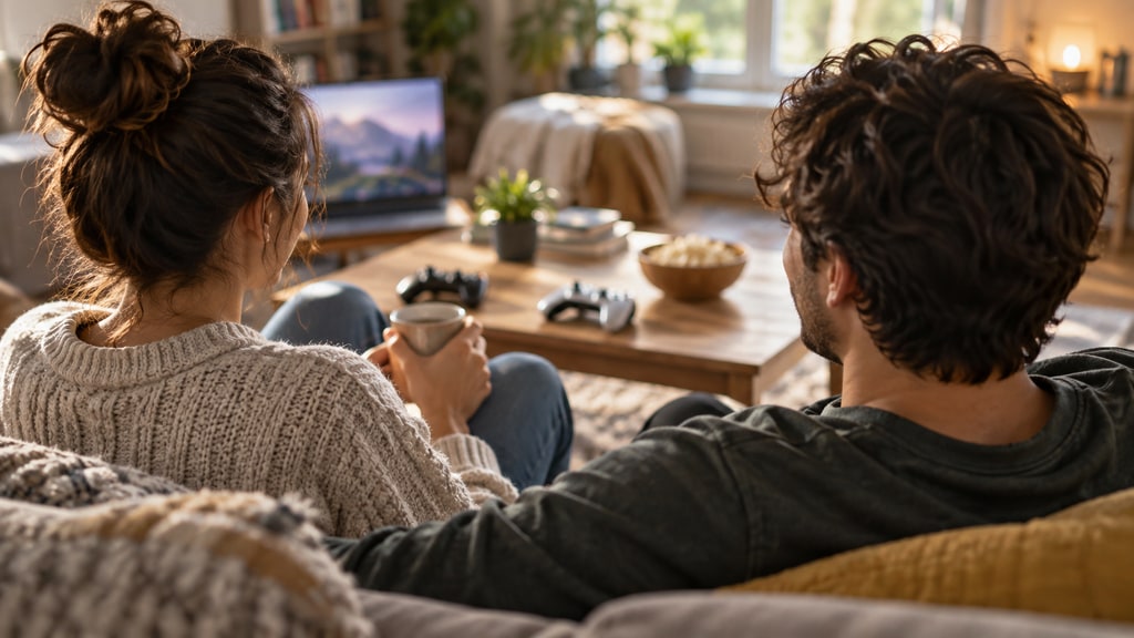 Two people seen from behind sit on a sofa with a mug, laptop, game controllers and a bowl of snacks on the coffee table.