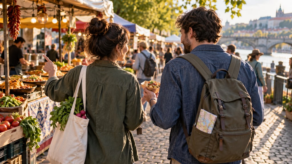 Two people seen from behind walk beside riverside market stalls, one pointing toward displayed produce while the other carries a bowl of food.