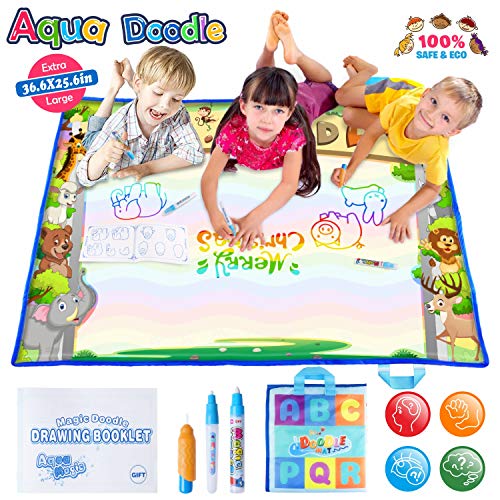 Large AquaDoodle Mat - Portable Magic Aqua Doodle Water Doodle Drawing Mat Pad with 3 Water Pens and Drawing Booklet, Kids Educational Travel Toys Gift for Boy Girl Toddlers Age 1- 6, 36.6 X 25.6 Inch