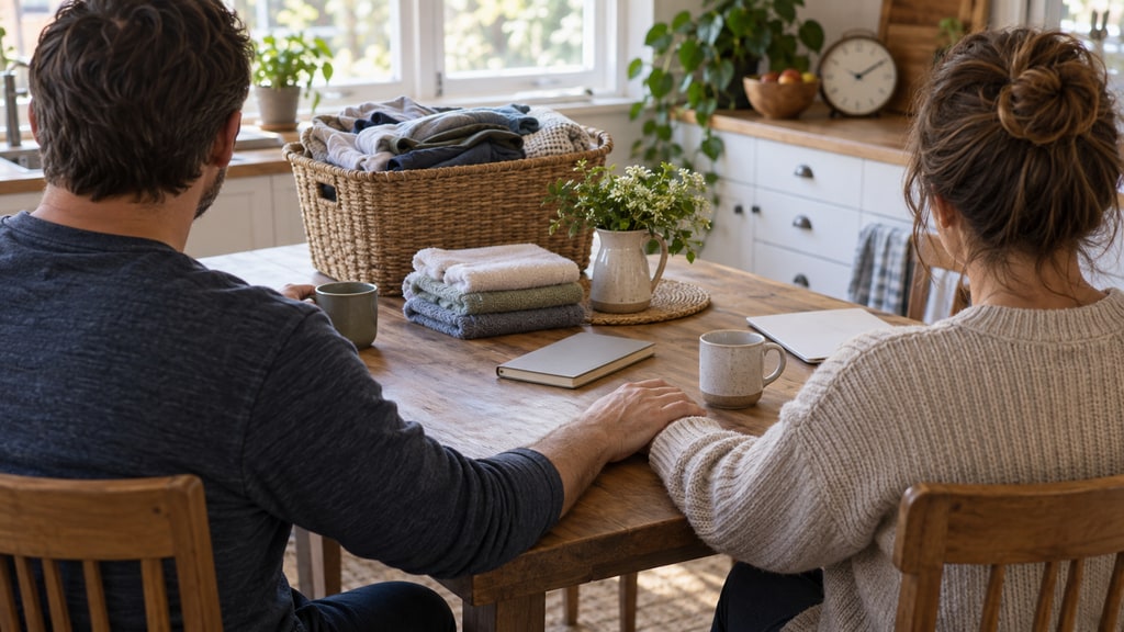 Two adults seen from behind sit at a wooden kitchen table, touching hands beside folded laundry, mugs, a notebook, and a basket of clothes.