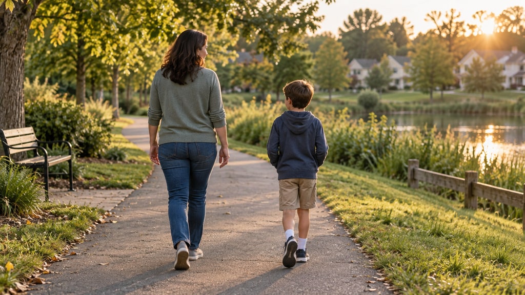 An adult and a child walk beside each other along a park path.