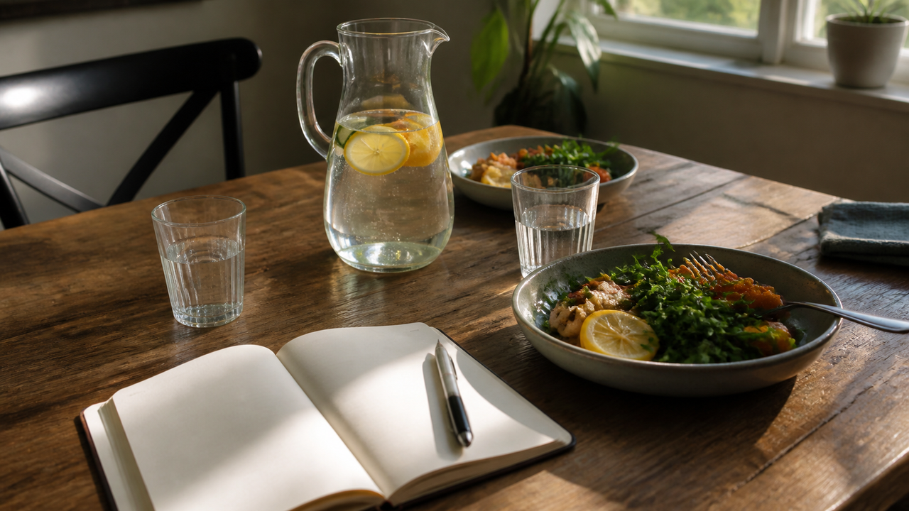 Citrus water, a meal and a blank notebook arranged on a dining table.