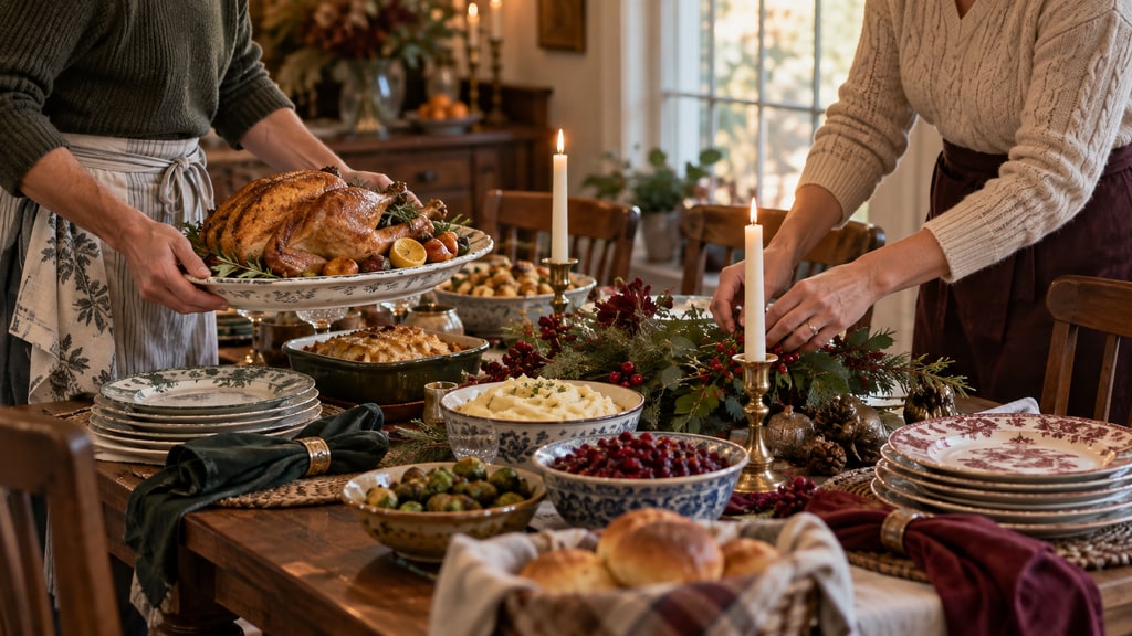 Two adults set a candlelit holiday table, placing a roast turkey and arranging greenery among serving dishes and stacked plates.