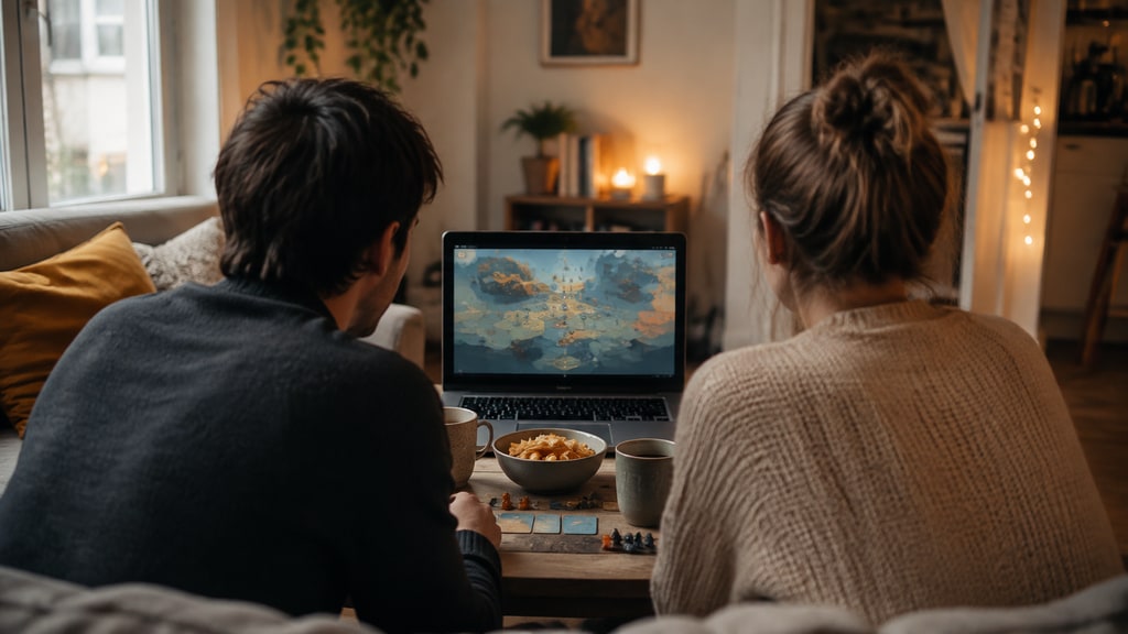 An editorial photograph illustrating virtual Game Night for Couples: Make It a Real Date.