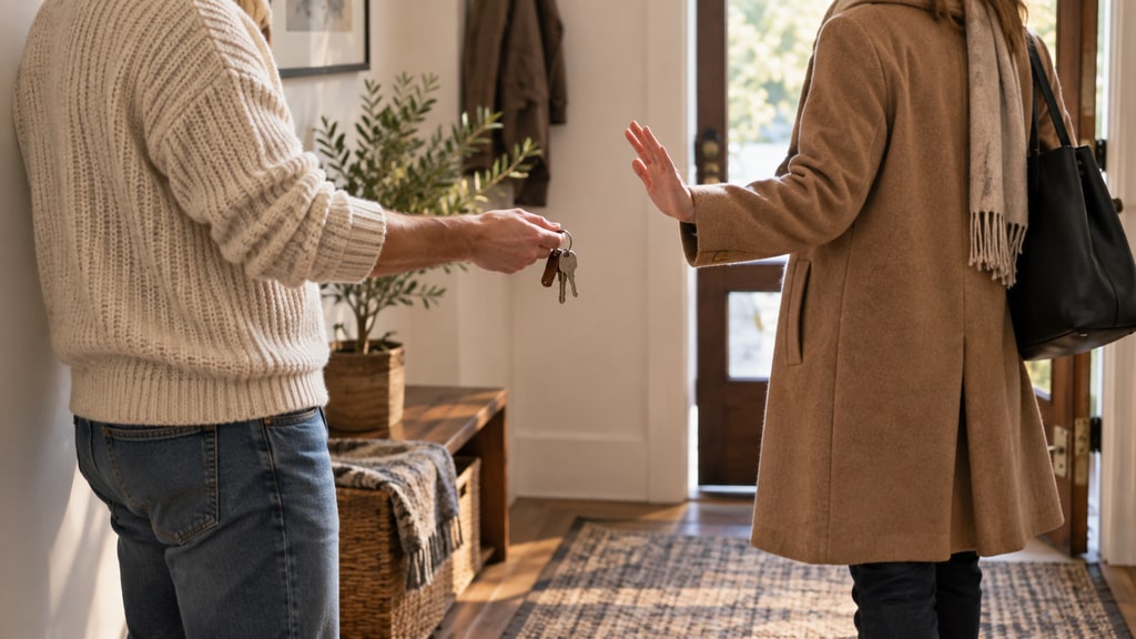 At an open front door, one person offers a set of keys while another raises an open hand in refusal.