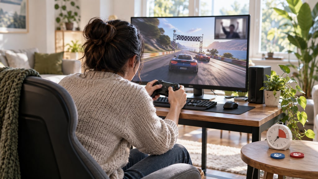 A person seen from behind holds a controller while playing a racing game on a desktop monitor with a small video-call window.