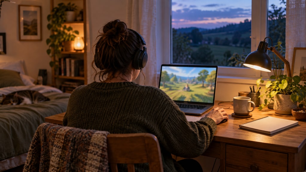 Adult seen from behind wearing headphones at a wooden desk with an open laptop, mug and notebook, beside a lamp and dusk-lit window.