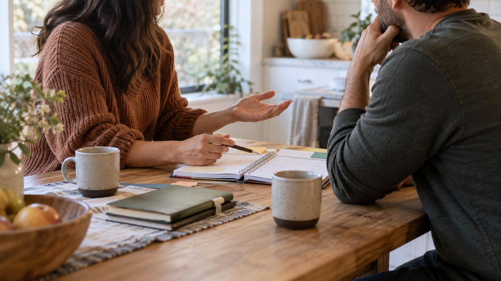 Two adults sit across a wooden kitchen table in natural light, one gesturing and holding a pencil over an open notebook while the other listens.
