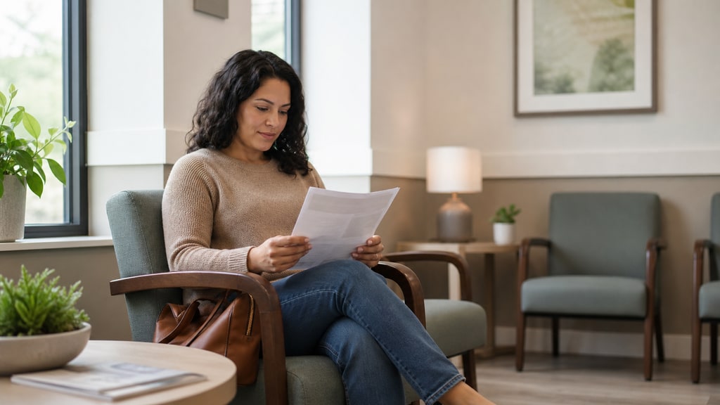 A person reads a handout while seated in a calm clinic waiting area.