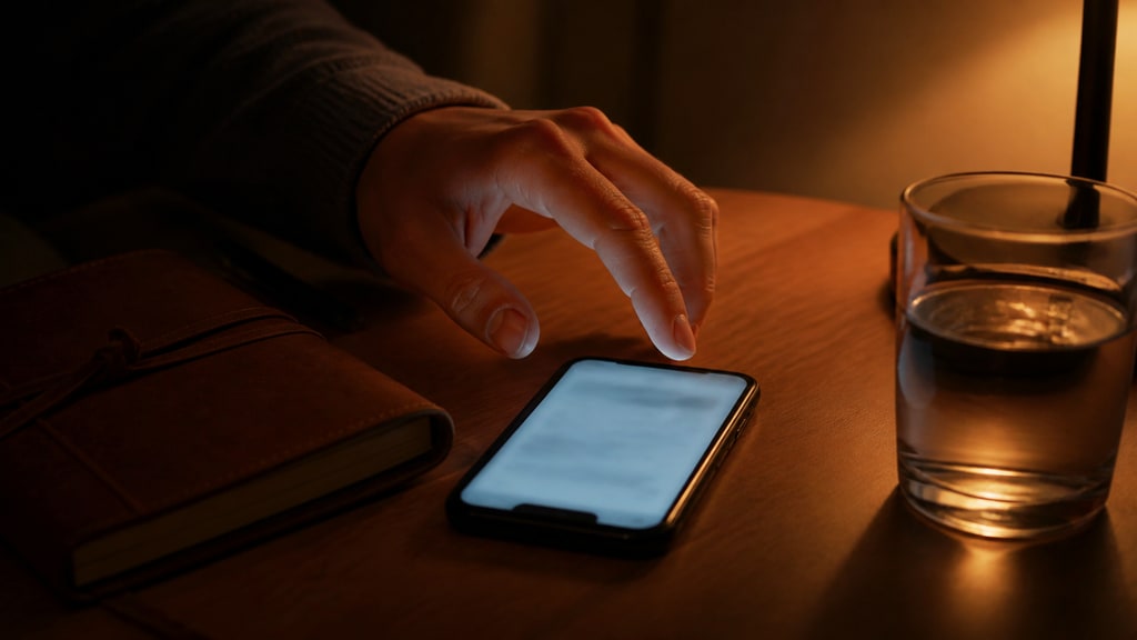 A hand pauses above a smartphone beside a journal before sending a message.