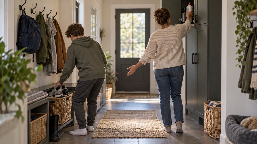 A young person places shoes in a mudroom basket while an adult reaches into a cabinet and gestures toward the shared entryway.