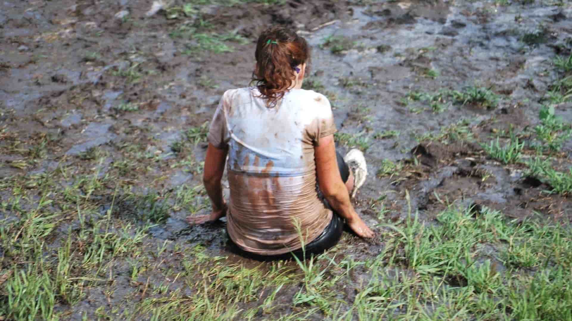 Mud sliding in rainy day