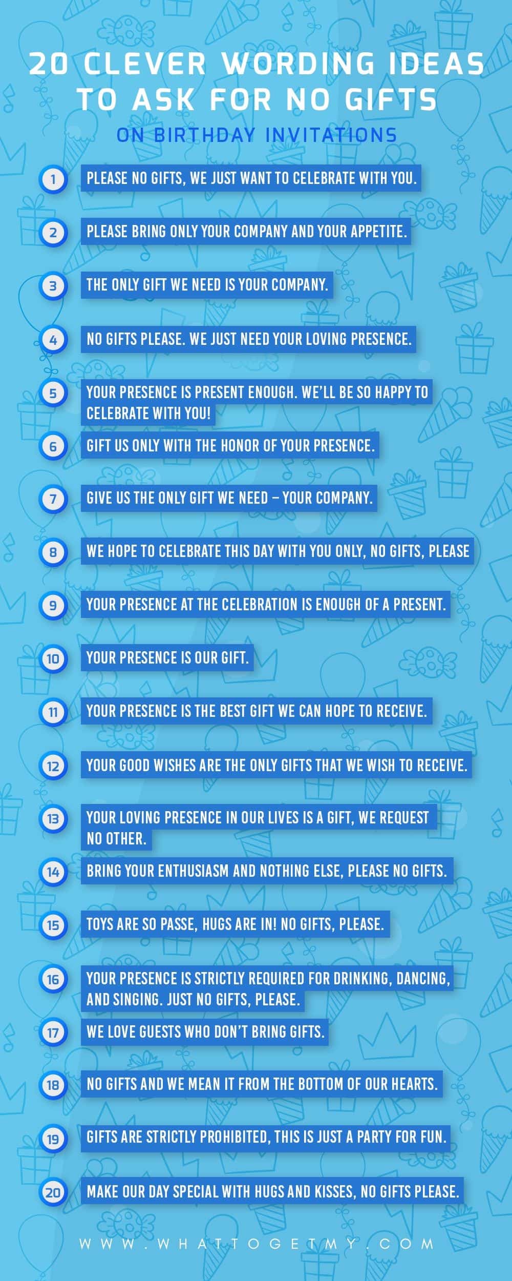 Infographic Clever Wording Ideas to Ask for No Gifts on Birthday Invitations