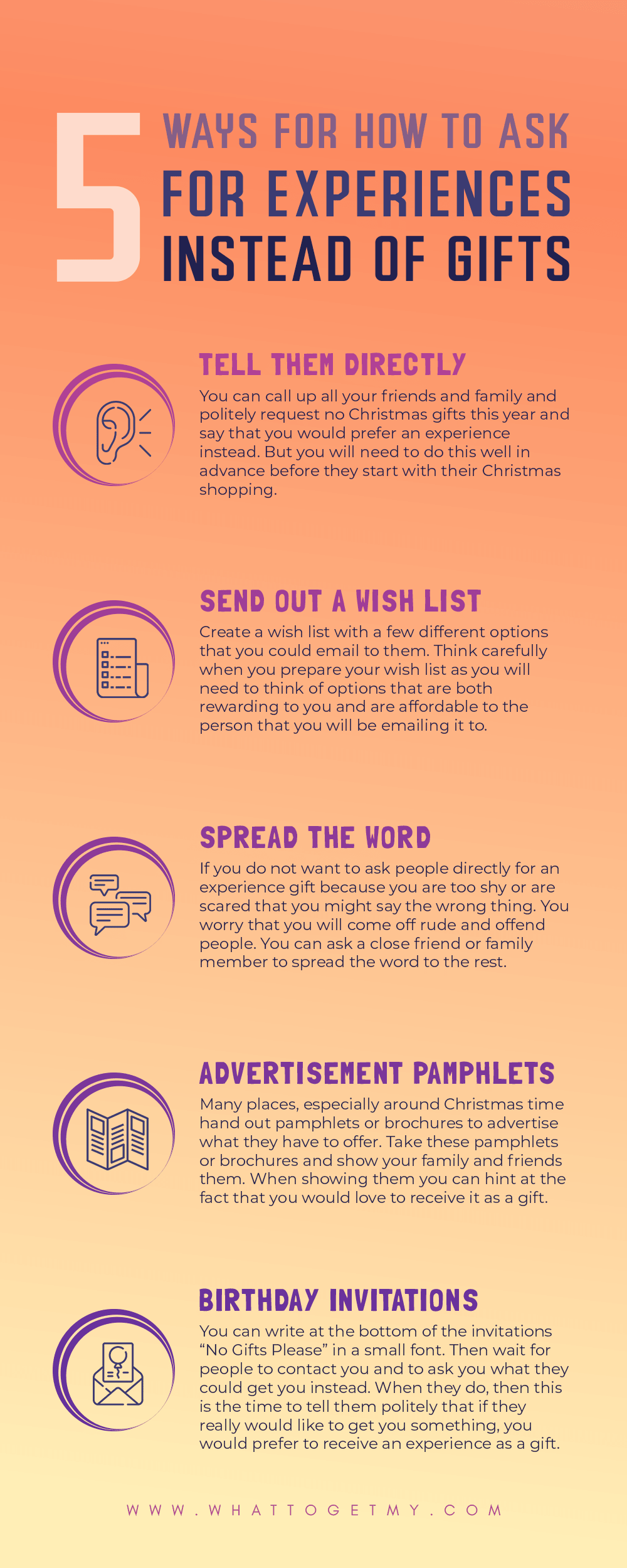 Infographic 5 ways for How to Ask for Experiences Instead of Gifts